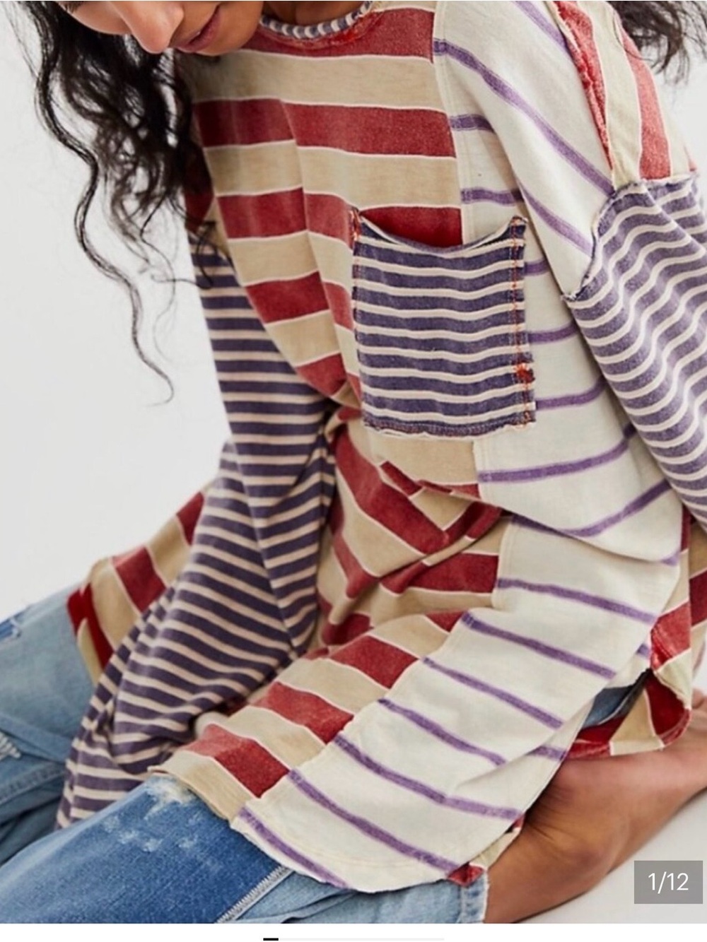 Free People Red & Purple-Blue Striped Long-Sleeve Pocket Tee